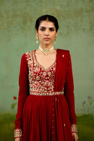 Maroon embroidered anarkali set