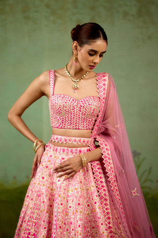 Pink raw silk lehenga set