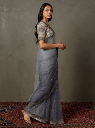 Ri.Ritu Kumar-Grey Hasika Sari And Stitched Blouse-INDIASPOPUP.COM
