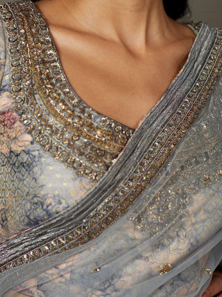 Ri.Ritu Kumar-Grey Hasika Sari And Stitched Blouse-INDIASPOPUP.COM