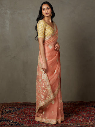 Ri.Ritu Kumar-Coral Sterling Sari And Stitched Blouse-INDIASPOPUP.COM