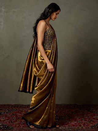 Ri.Ritu Kumar-Black Gold Begum Sari And Stitched Blouse-INDIASPOPUP.COM