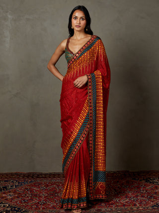 Ri.Ritu Kumar-Berry Red Petunia Sari And Stitched Blouse-INDIASPOPUP.COM