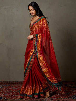 Ri.Ritu Kumar-Berry Red Petunia Sari And Stitched Blouse-INDIASPOPUP.COM