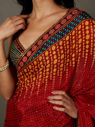 Ri.Ritu Kumar-Berry Red Petunia Sari And Stitched Blouse-INDIASPOPUP.COM