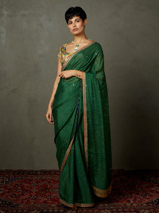 Ri.Ritu Kumar-Green Sari And Stitched Blouse-INDIASPOPUP.COM