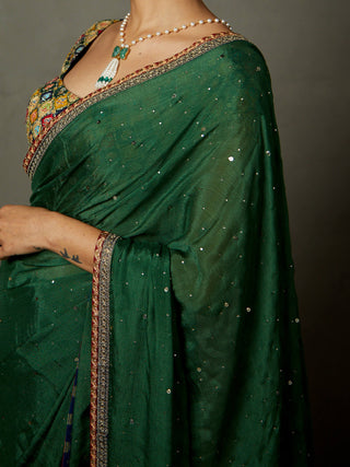 Ri.Ritu Kumar-Green Sari And Stitched Blouse-INDIASPOPUP.COM