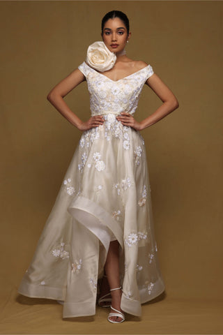 Shriya Som-Ivory Cascading Gown With Pearl Belt-INDIASPOPUP.COM