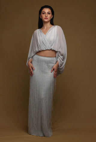 Shriya Som-Blue Fringed Skirt And Blouse Set-INDIASPOPUP.COM