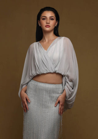 Shriya Som-Blue Sheer Chiffon Blouse With Bandeau-INDIASPOPUP.COM
