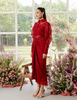 Penelop Red Abstract Shirt And Skirt Set by Parul And Preyanka available on Indiaspopup.com