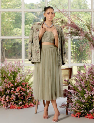 Charlotte Almond Blazer And Tulle Skirt Set by Parul And Preyanka available on Indiaspopup.com