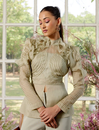 Eloise Almond Pintucks Shirt And Pant Set by Parul And Preyanka available on Indiaspopup.com