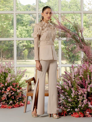Eloise Beige Pintucks Shirt And Pant Set by Parul And Preyanka available on Indiaspopup.com