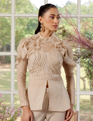 Eloise Beige Pintucks Shirt And Pant Set by Parul And Preyanka available on Indiaspopup.com