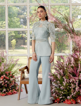 Eloise Powder Blue Pintucks Shirt And Pant Set by Parul And Preyanka available on Indiaspopup.com