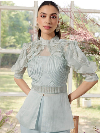 Eloise Powder Blue Pintucks Shirt And Pant Set by Parul And Preyanka available on Indiaspopup.com