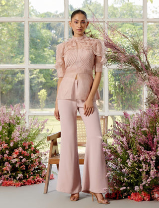 Eloise Peach Pintucks Shirt And Pant Set by Parul And Preyanka available on Indiaspopup.com