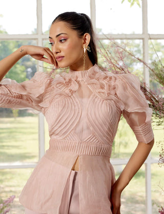 Eloise Peach Pintucks Shirt And Pant Set by Parul And Preyanka available on Indiaspopup.com