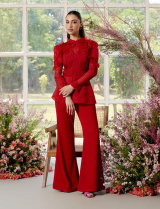 Eloise Red Pintucks Shirt And Pant Set by Parul And Preyanka available on Indiaspopup.com