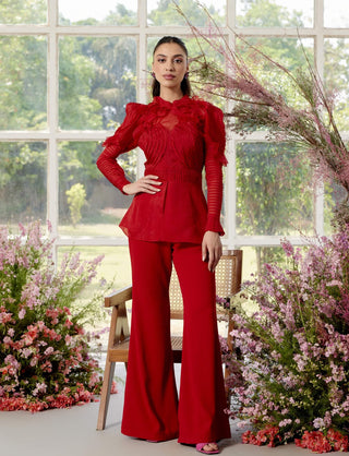 Eloise Red Pintucks Shirt And Pant Set by Parul And Preyanka available on Indiaspopup.com