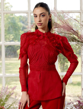 Eloise Red Pintucks Shirt And Pant Set by Parul And Preyanka available on Indiaspopup.com