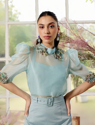 Daphne Blue Top And Skirt Set by Parul And Preyanka available on Indiaspopup.com