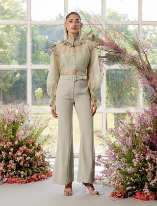 Eloise Green Almond Shirt And Pant Set by Parul And Preyanka available on Indiaspopup.com
