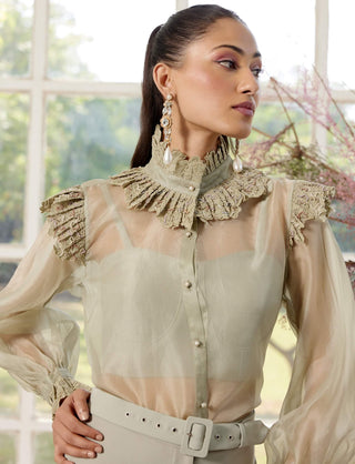 Eloise Green Almond Shirt And Pant Set by Parul And Preyanka available on Indiaspopup.com