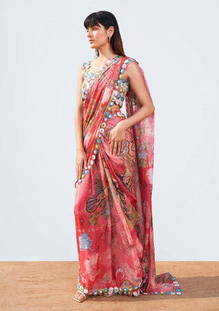 Aisha Rao-Mystic Seascape Magenta Sari And Blouse-INDIASPOPUP.COM