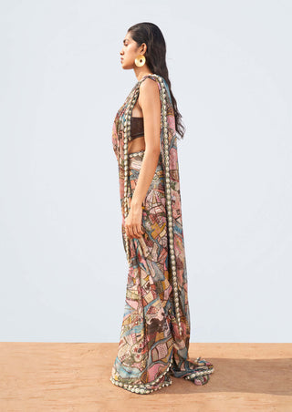 Aisha Rao-Mystic Seascape Printed Sari And Blouse-INDIASPOPUP.COM