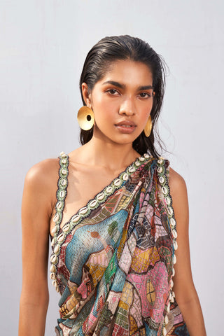 Aisha Rao-Mystic Seascape Printed Sari And Blouse-INDIASPOPUP.COM