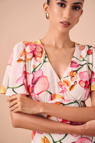 Pink-white orchid crepe dress