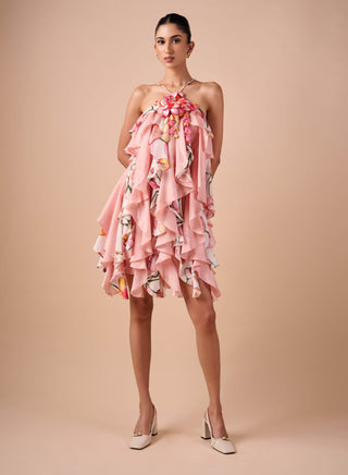 Pink white printed ruffle dress