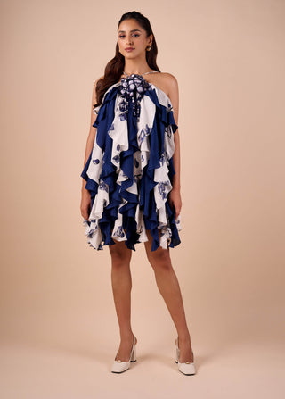 Blue white printed ruffle dress