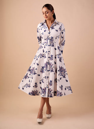Blue-white orchid maxi shirt dress