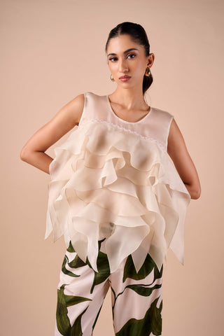 Ivory organza layer ruffle top and cotton pant