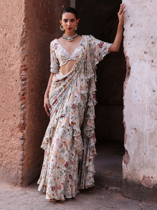 Hayami Ivory Printed Sari And Blouse by Seema Thukral available on Indiaspopup.com