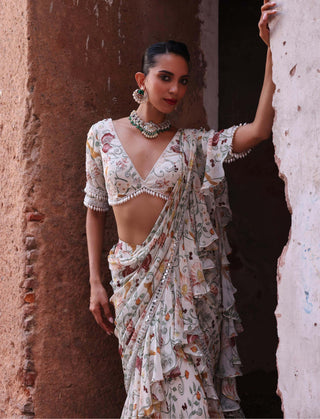 Hayami Ivory Printed Sari And Blouse by Seema Thukral available on Indiaspopup.com