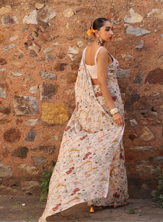 Misha Printed Pink Draped Skirt Sari And Bustier by Seema Thukral available on Indiaspopup.com