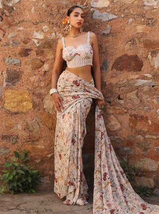 Misha Printed Pink Draped Skirt Sari And Bustier by Seema Thukral available on Indiaspopup.com