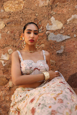 Misha Printed Pink Draped Skirt Sari And Bustier by Seema Thukral available on Indiaspopup.com