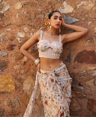 Misha Printed Pink Draped Skirt Sari And Bustier by Seema Thukral available on Indiaspopup.com