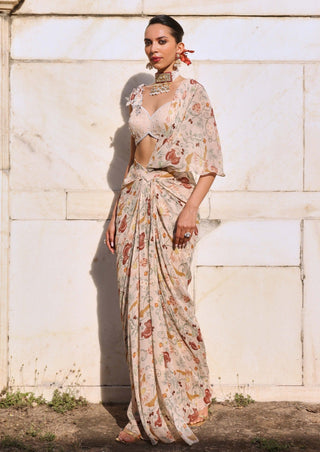 Siya Printed Pink Draped Skirt Sari And Blouse by Seema Thukral available on Indiaspopup.com