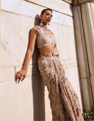 Siya Printed Pink Draped Skirt Sari And Blouse by Seema Thukral available on Indiaspopup.com