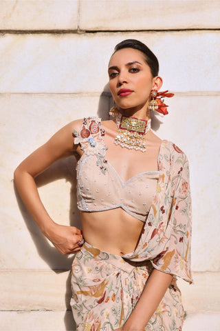 Siya Printed Pink Draped Skirt Sari And Blouse by Seema Thukral available on Indiaspopup.com