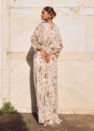 Aarvi Ivory Printed Draped Kaftan by Seema Thukral available on Indiaspopup.com