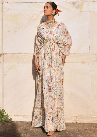 Aarvi Ivory Printed Draped Kaftan by Seema Thukral available on Indiaspopup.com