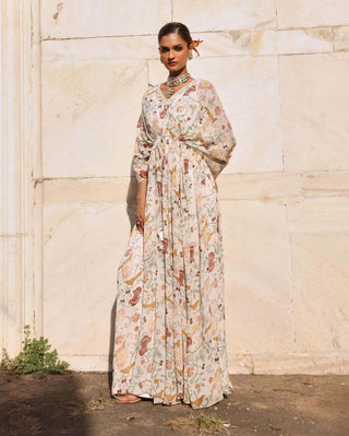 Aarvi Ivory Printed Draped Kaftan by Seema Thukral available on Indiaspopup.com