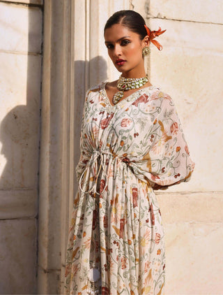 Aarvi Ivory Printed Draped Kaftan by Seema Thukral available on Indiaspopup.com